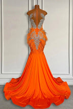 Orange Mermaid Sleeveless Illusion Prom Dresses With Beadings and Feather