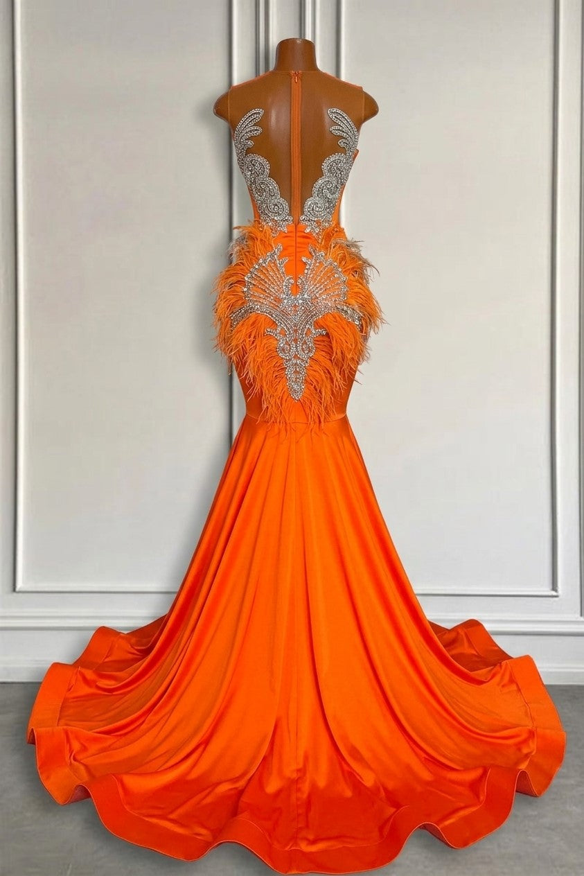 Robes de bal sirène orange sans manches illusion avec perles et plumes