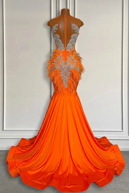 Robes de bal sirène orange sans manches illusion avec perles et plumes