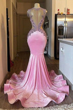 Pink Mermaid Beaded Floor Length Long Satin Prom Dresses