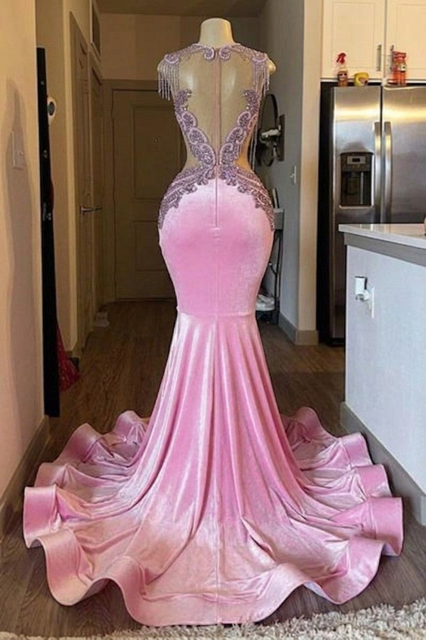 Pink Mermaid Beaded Floor Length Long Satin Prom Dresses