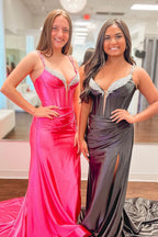 V Neck Fuchsia Satin Slit Cute Mermaid Prom Dresses