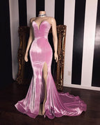 Pink Velvet Sweetheart Ball Gown Elegant Side Slit Mermaid Long Prom Dresses