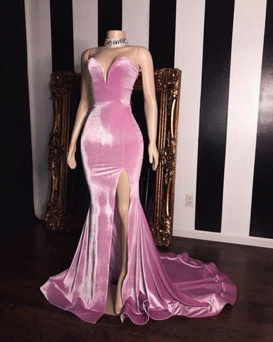 Pink Velvet Sweetheart Ball Gown Elegant Side Slit Mermaid Long Prom Dresses