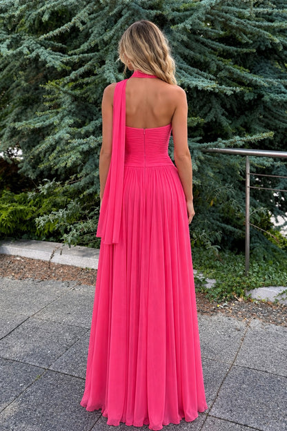 A Line Chiffon Strapless Hot Pink Long Prom Dresses