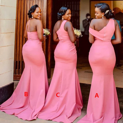Mermaid Pink Sleeveless Mismatchy Long Bridesmaid Dresses