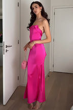 Charming Sheath Spaghetti Straps Fuchsia Long Prom Dresses,Party Dresses