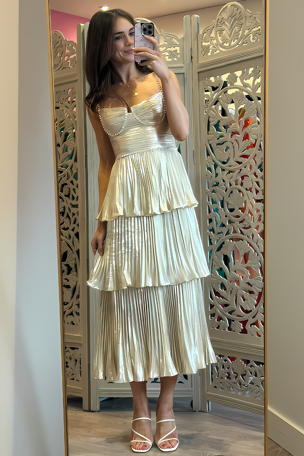 Sparkly A Line Sweetheart Champagne Prom Dresses,Tea Length Party Dress