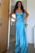 Stylish Sheath Spaghetti Straps Blue Long Prom Dresses