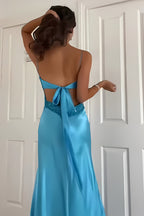 Stylish Sheath Spaghetti Straps Blue Long Prom Dresses