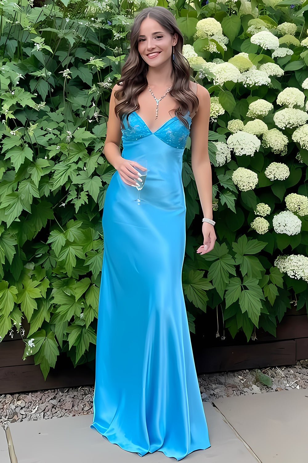 Stylish Sheath Spaghetti Straps Blue Long Prom Dresses
