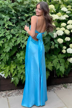 Stylish Sheath Spaghetti Straps Blue Long Prom Dresses