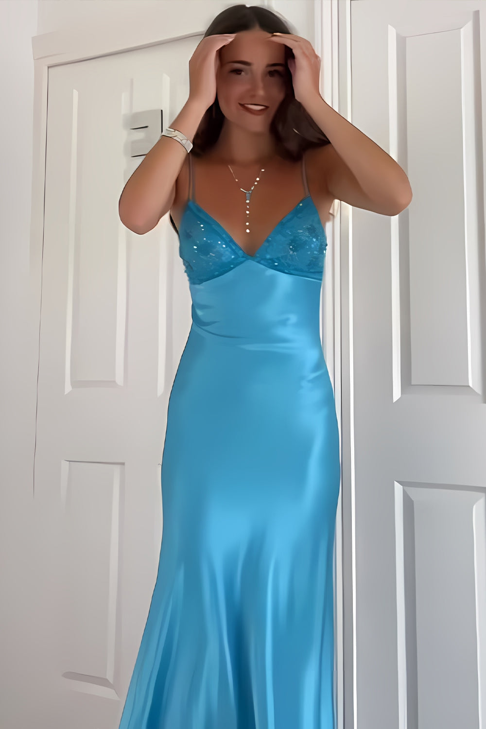 Stylish Sheath Spaghetti Straps Blue Long Prom Dresses