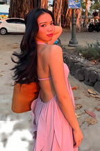 A Line Halter Neck Pink Long Chiffon Prom Dresses