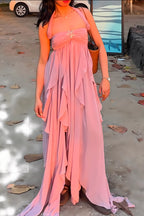 A Line Halter Neck Pink Long Chiffon Prom Dresses