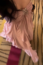 A Line Halter Neck Pink Long Chiffon Prom Dresses