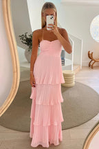 A Line Sweetheart Pink Long Chiffon Prom Dresses