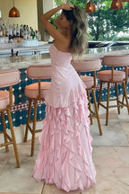 Charming Sheath Strapless Pink Long Chiffon Prom Dresses