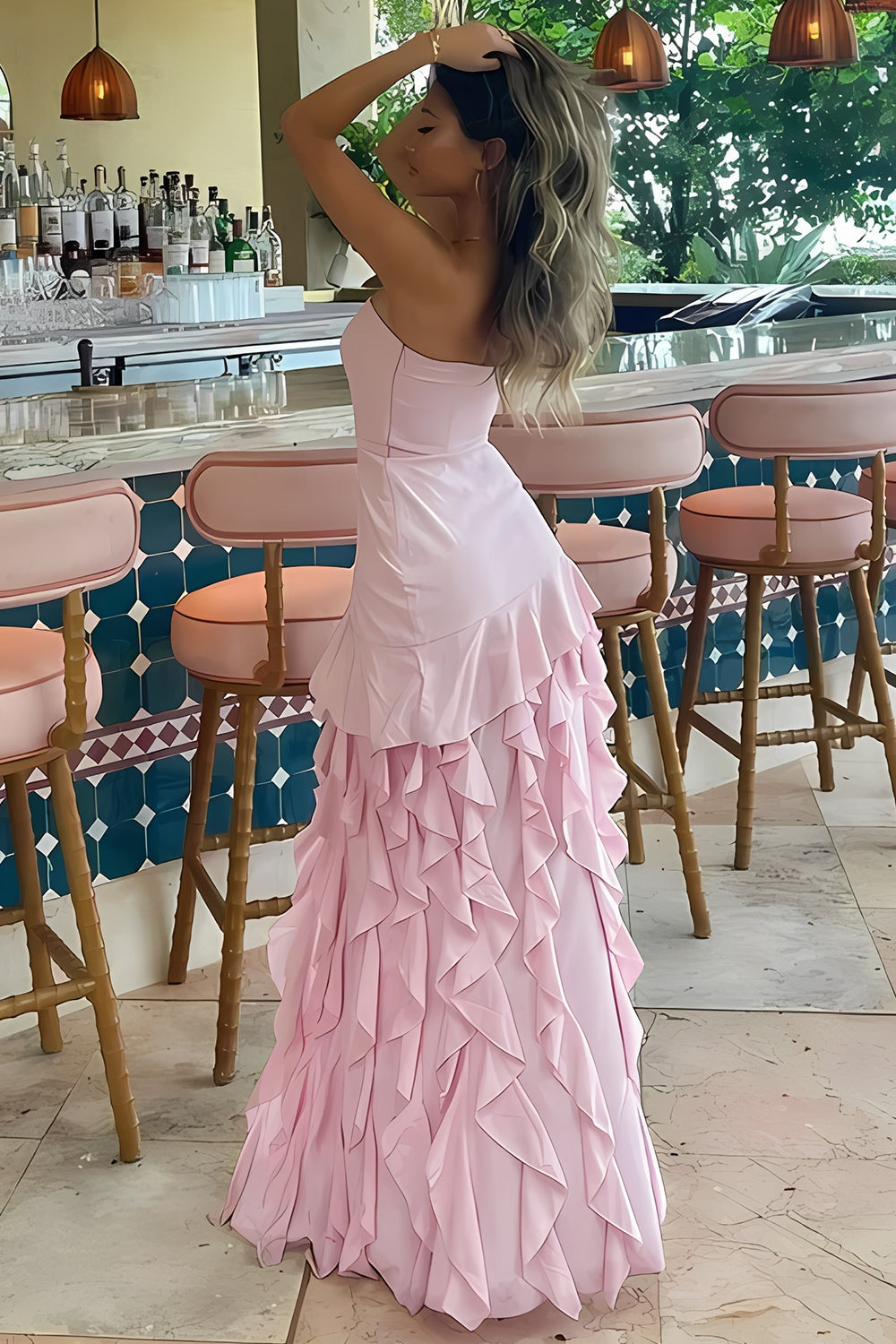 Charming Sheath Strapless Pink Long Chiffon Prom Dresses