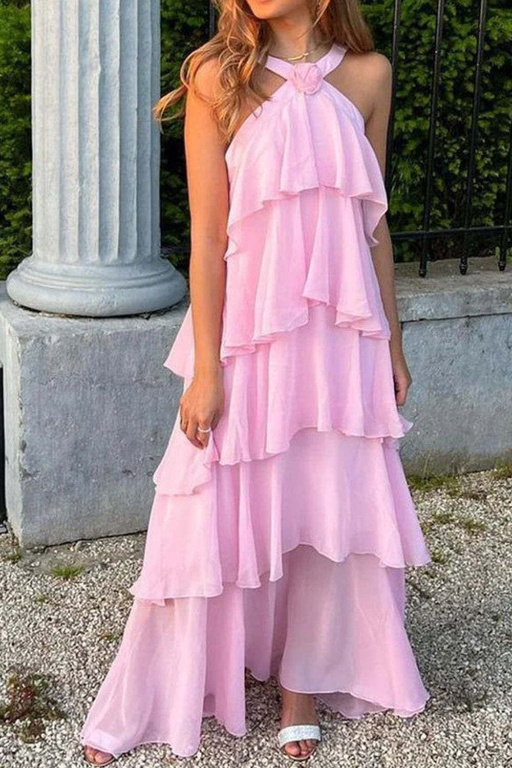 Princess A Line Halter Neck Pink Chiffon Long Prom Dresses