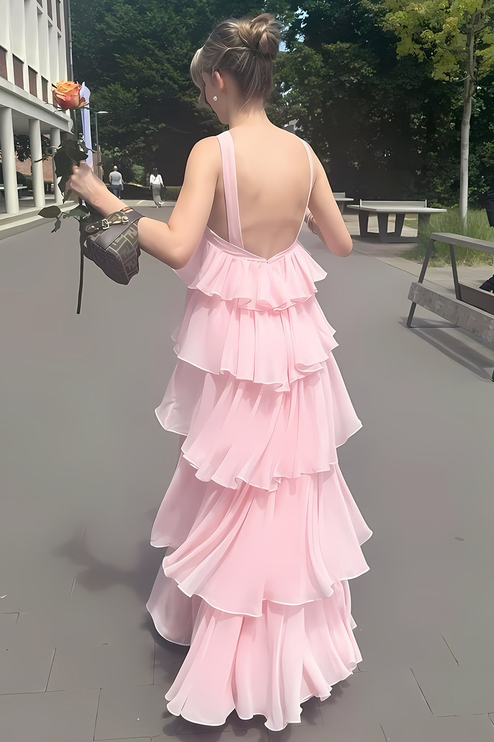 Princess A Line Halter Neck Pink Chiffon Long Prom Dresses