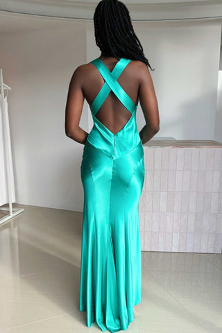Simple Sheath V Neck Yellow Satin Mermaid Long Prom Dresses