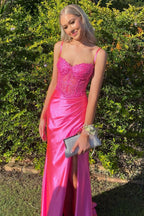 Mermaid Spaghetti Straps Fuchsia Long Satin Prom Dresses