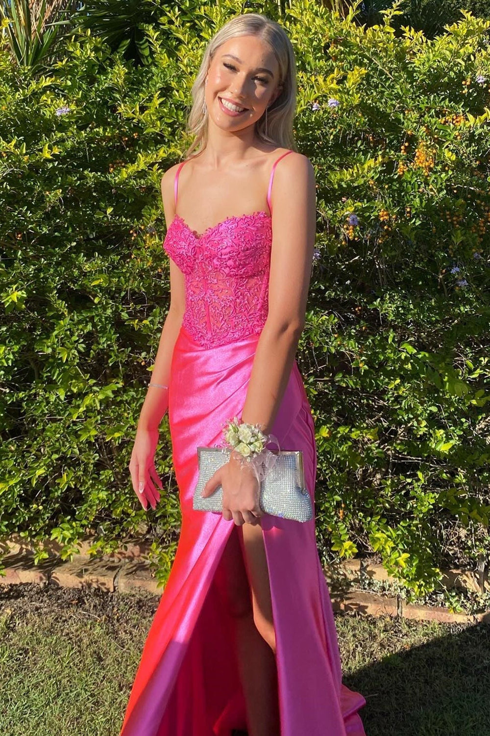 Mermaid Spaghetti Straps Fuchsia Long Satin Prom Dresses