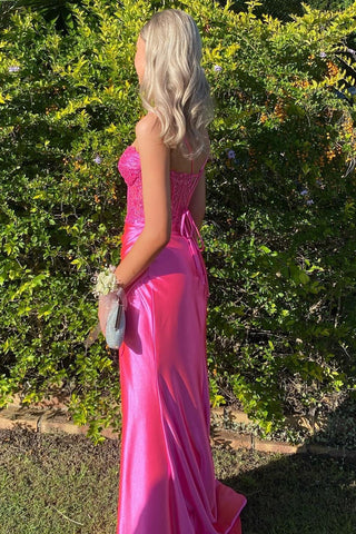Mermaid Spaghetti Straps Fuchsia Long Satin Prom Dresses