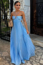 A Line Halter Neck Blue Chiffon Long Party Dresses