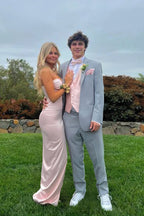 Mermaid Spaghetti Straps Pink Long Satin Prom Dresses