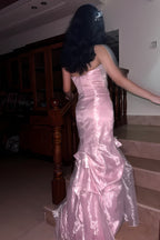 Princess Mermaid Strapless Organza Pink Long Prom Dresses