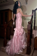 Princess Mermaid Strapless Organza Pink Long Prom Dresses