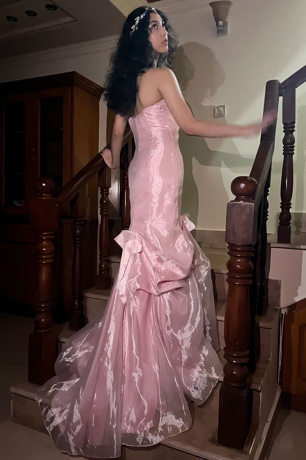 Princess Mermaid Strapless Organza Pink Long Prom Dresses