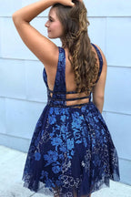 Dark Navy A-line Tulle Lace Open Back V-Neck Homecoming Dresses
