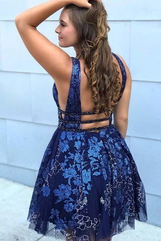Dark Navy A-line Tulle Lace Open Back V-Neck Homecoming Dresses
