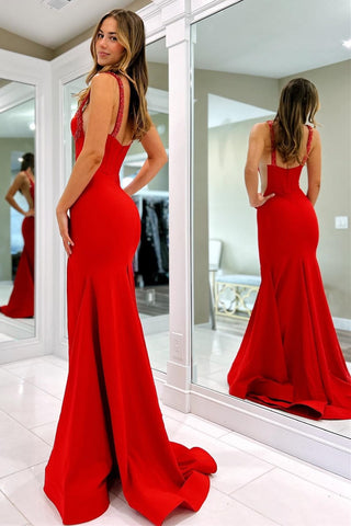 Mermaid Navy Blue Beaded Satin Prom Dresses