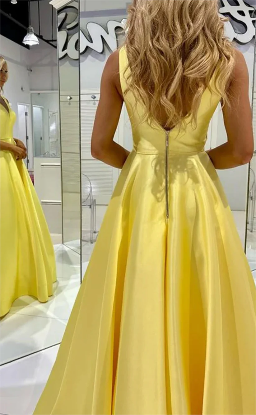 A-Line Satin Long V Neck Prom Dresses Sleeveless Formal Party Dress Custom Color / US16