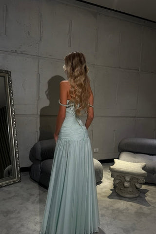 Romantic Off-The-Shoulder Chiffon Sleeveless Prom Dresses Beads Pleats With Zipper