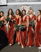 V Neck Sleeveless Winter Rust Velvet Bridesmaid Dresses,Wedding Guest – luladress