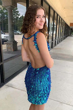Mermaid Sequin V-Neck Tight Short Homecoming Dresses with Open Back