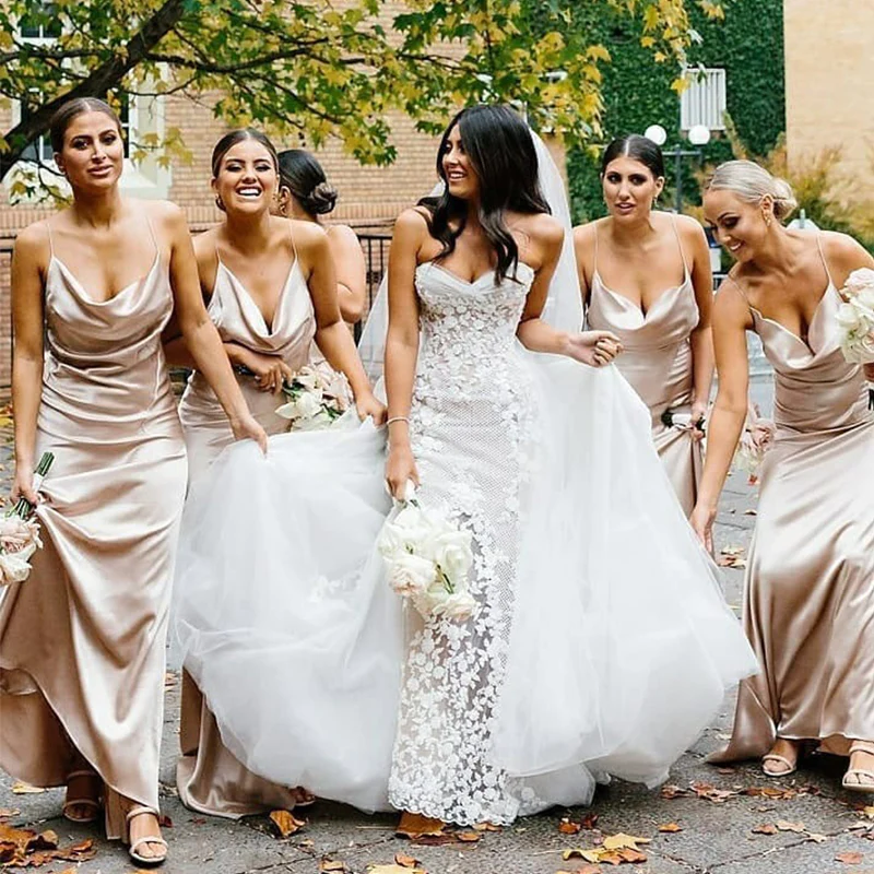 Sexy Champagne Open Back Pleats Mermaid Long Bridesmaid Dresses