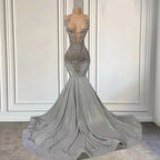 Silver Halter Long Satin Mermaid Prom Dresses with Beadings