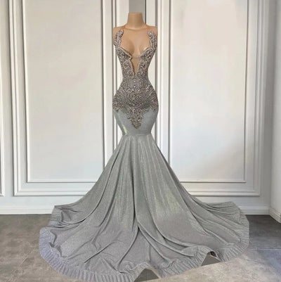 Silver Halter Long Satin Mermaid Prom Dresses with Beadings
