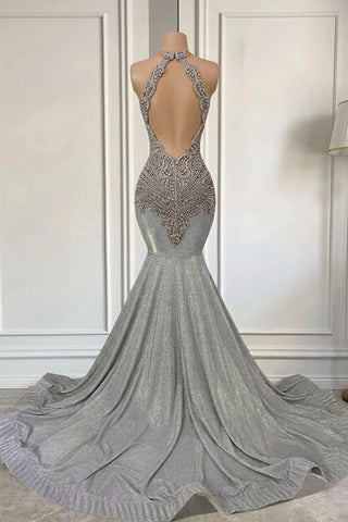 Silver Halter Long Satin Mermaid Prom Dresses with Beadings