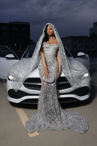 Silver Sparkle Beaded Court Train Sweetheart Sleeveless Mermaid Prom Dresses