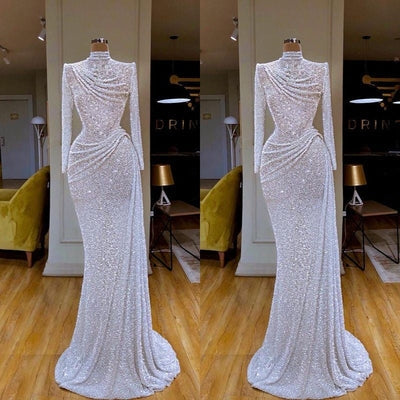 Sparkle White Sequin Long sleeves Pleated Mermaid Long Prom Dresses