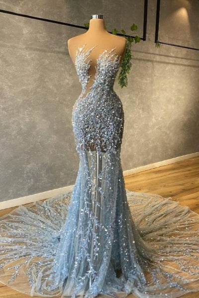 Robes de bal de fin d'année longues sirène bustier en tulle avec paillettes, perles et traîne.