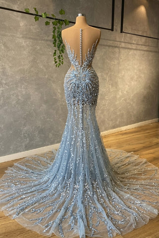 Tulle Strapless Hot Sequin Sparkle Beaded Column Court Train Prom Dresses