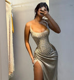 Strapless Mermaid High Split Champagne Prom Dresses Long Featuring Sequins and Beads